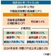 2024年全年CPI比上年上漲0.2％